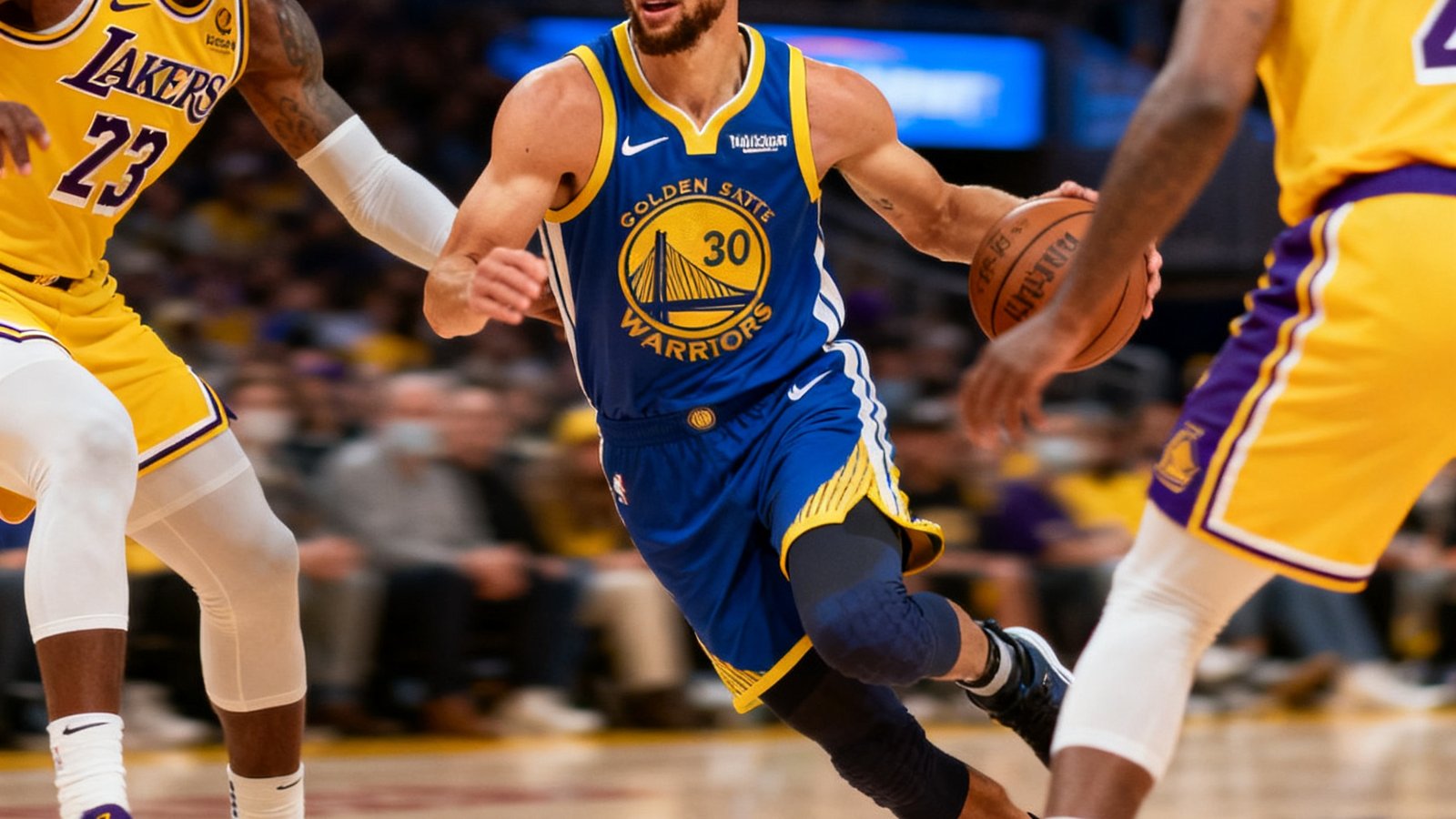 NBA常规赛湖人队迎战勇士队，斯蒂芬库里持球突破，球场灯光聚焦