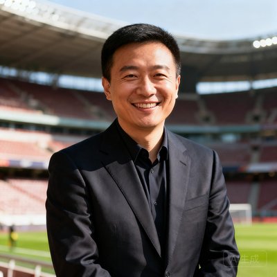 人人看球CEO张磊，身穿西装微笑，背景为体育场
